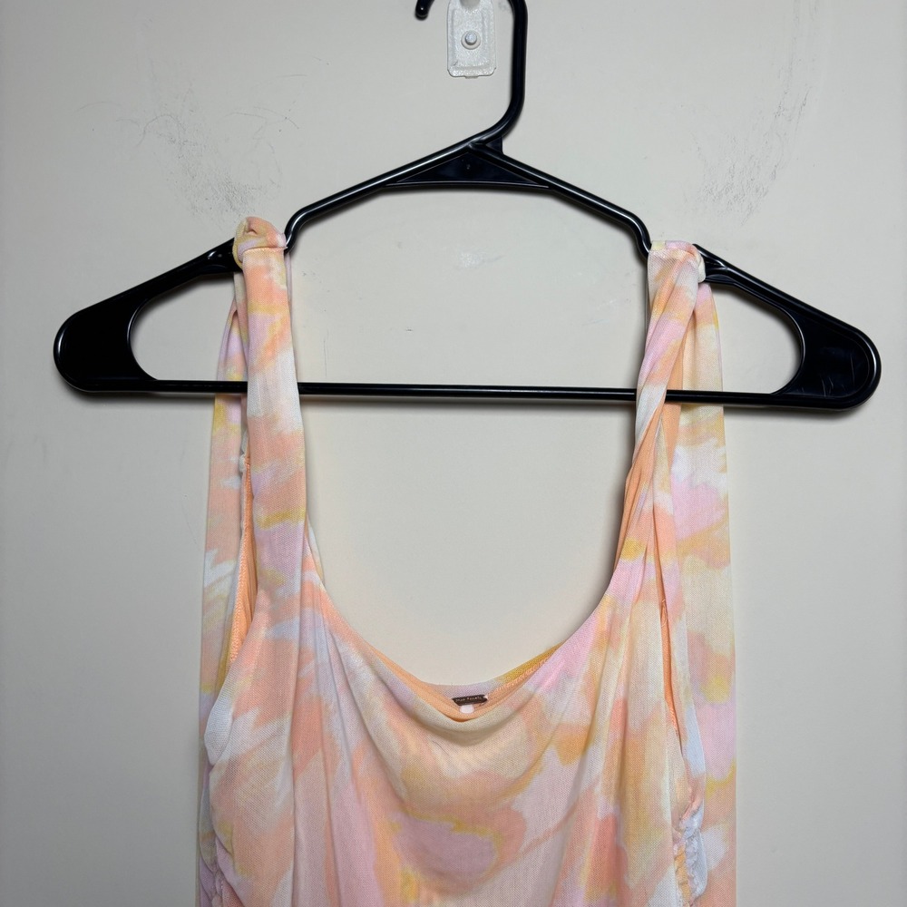 Free People‎ Peach Ruched Floral Tie Dye Cowl Neck Mesh Tank Top Womens Large - Picture 2 of 7